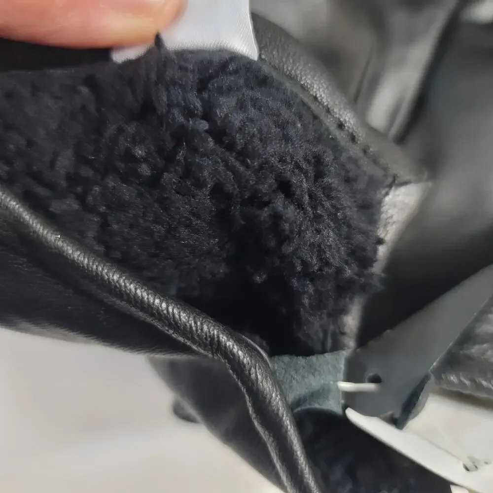 Gloves In Black Leather Faux Shearling Lined Side Slit medium Winter Driving NEW